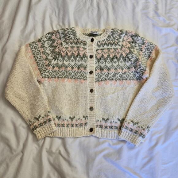 D.D. Sloane Womens Vintage Fair Isle Cardigan Sweater M Wool Grannycore Pastel - Picture 6 of 11